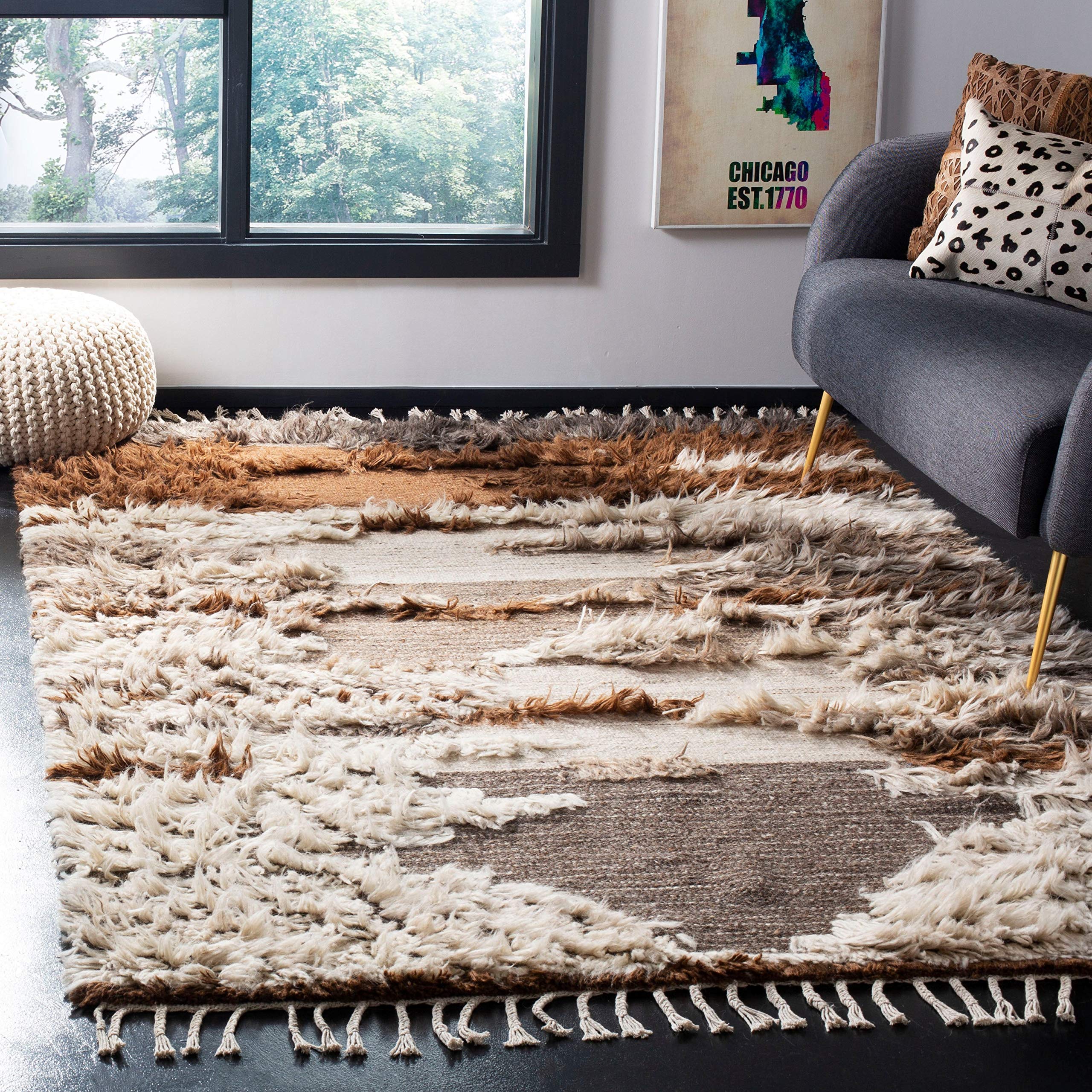 SAFAVIEH Kenya Collection Area Rug - 5' x 8', Grey & Brown, Hand-Knotted Tribal Tassel Wool, Ideal for High Traffic Areas in Living Room, Bedroom (KNY225A)