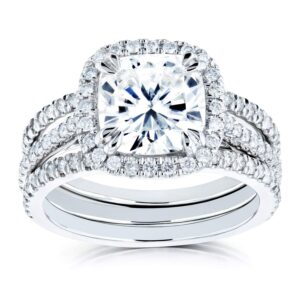 kobelli cushion forever one moissanite halo bridal rings set 2 1/2 ctw 14k white gold (def/vs, gh/i), 10.5