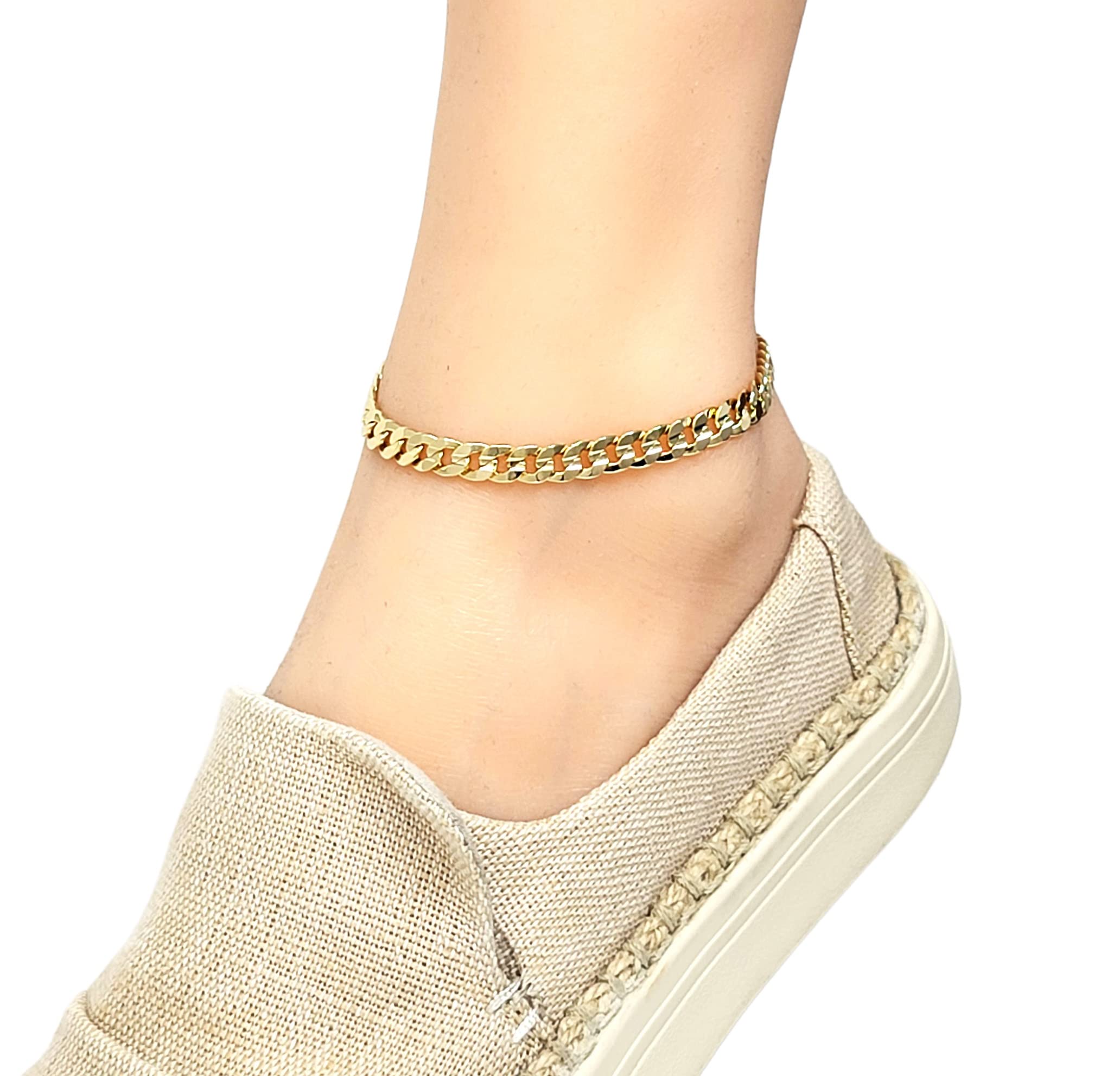 Fashion 21 Anklet for Women Electro Gold Plated Ankle Bracelet - Made in Korea (6mm 10" Concave Cuban Anklet)