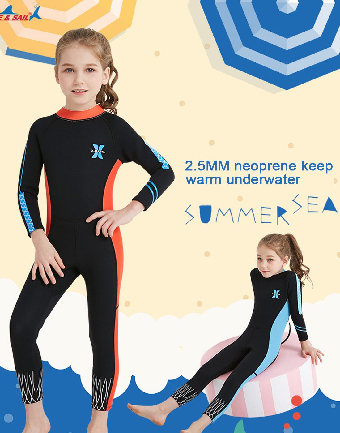 DIVE & SAIL Girls Long Sleeve Swimsuit One Piece UV Sun Protection Full Suit Thermal Diving Wetsuit Swimwear Black L