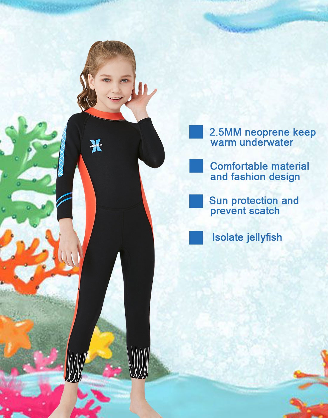 DIVE & SAIL Girls Long Sleeve Swimsuit One Piece UV Sun Protection Full Suit Thermal Diving Wetsuit Swimwear Black L