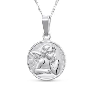 Personalize Religious Round Disc Medal Guardian Sistine Angel Cherub Pendant Necklace For Women For Teen .925 Sterling Silver Engrave IT