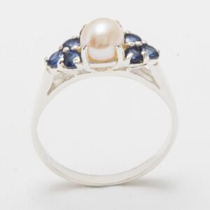 925 Sterling Silver Cultured Pearl & Sapphire Womens Cluster Promise Ring - 9 - Size 9