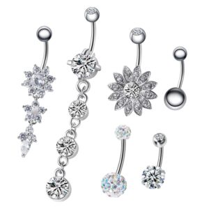 nasama 6pcs 14g stainless steel dangle belly button rings for women belly piercing cz inlaid (style 6pcs)