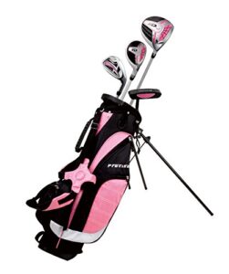 remarkable girls right handed pink junior golf club set for age 3 to 5 (height 3' to 3'8") set includes: driver (15"), hybrid wood (25*), 7 iron, putter, bonus stand bag & 2 headcovers