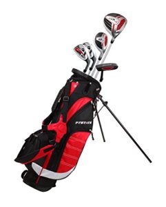 remarkable right handed junior golf club set for age 6 to 8 (height 3'8" to 4'4") set includes: driver (15"), hybrid wood (25*), 7, 9 iron, putter, bonus stand bag & 2 headcovers