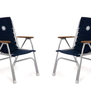 FORMA MARINE Boat Chairs High Back Navy Blue Deck Folding Marine Aluminum Teak Furniture Set of 2 M150NB