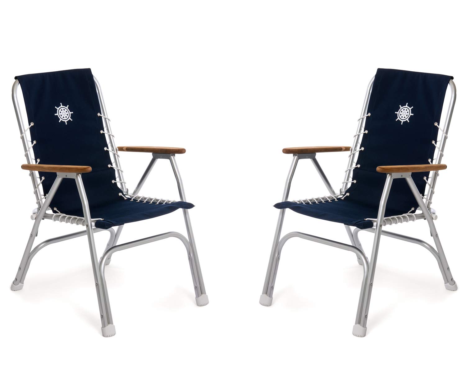 FORMA MARINE Boat Chairs High Back Navy Blue Deck Folding Marine Aluminum Teak Furniture Set of 2 M150NB