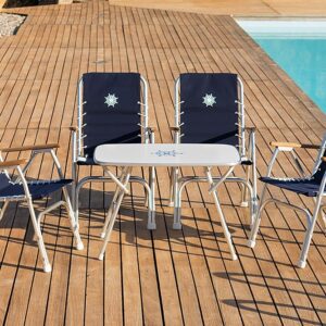 FORMA MARINE Boat Chairs High Back Navy Blue Deck Folding Marine Aluminum Teak Furniture Set of 2 M150NB