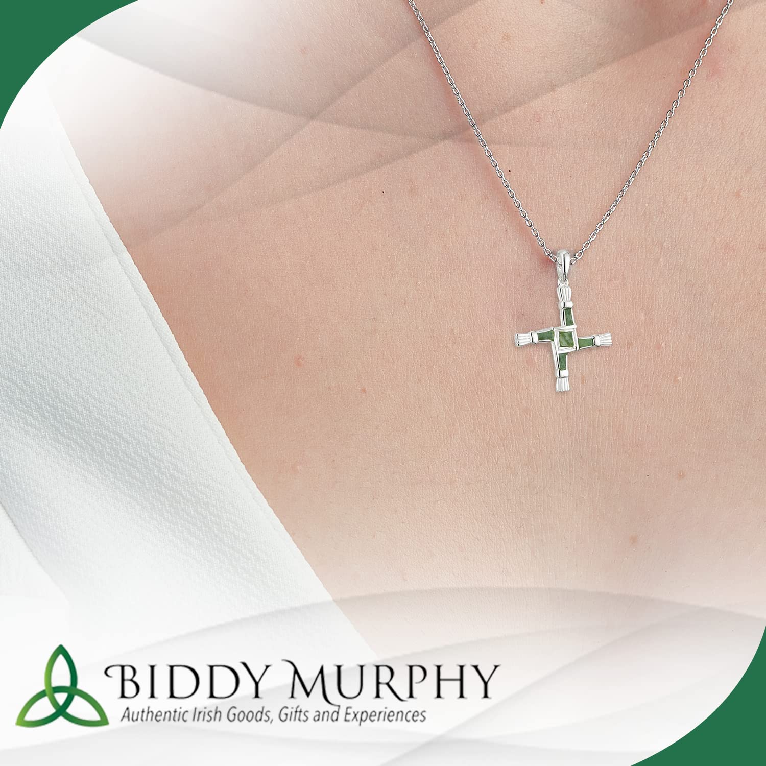 Biddy Murphy Saint Brigid Celtic Cross Pendant Necklace 925 Sterling Silver and Connemara Marble Inlay, Authentic Irish Jewelry Imported from Ireland,18" Length, 7/8" x 1 1/14" Inch