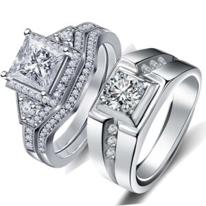 LOVERSRING Couple Ring Bridal Sets His Hers 10k White Gold Plated White AAA Cz Wedding Engagement Ring Band Set