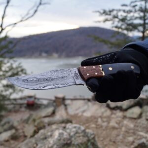 BucknBear Sharp Custom Handmade 1095 Rain Drop Damascus Fixed Blade Hunting Knife with Leather Sheath (Micarta/Wood Handle)