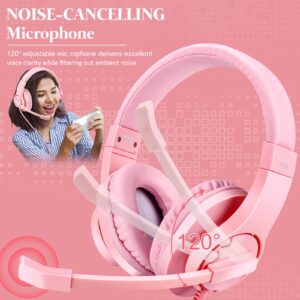 DIWUER Gaming Headset for Xbox One, PS4, PS5, Nintendo Switch, Bass Surround and Noise Cancelling 3.5mm Over Ear Headphones with Mic for Laptop PC Smartphones, Pink