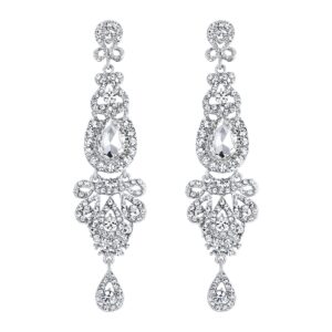 BriLove Women's Wedding Bridal Crystal Art Deco Long Chandelier Dangle Earrings Clear Silver-Tone