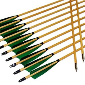 TTFLY FLETCHING 12PK 32 inch Traditional Wooden Arrows Handmade Shaft Green Shield Turkey Feather Practice Archery for Recurve Longbow Hunting Arrows