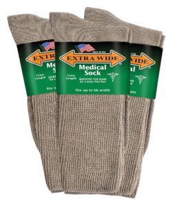 extra wide medical mid calf crew (pack of 3), diabetic socks, made in usa, for men and women (small, tan)