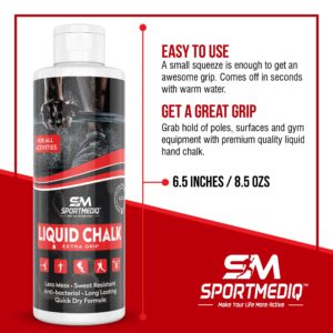 Sportmediq Pro Grade Liquid Chalk – Mess Free Professional Hand Grip for Gym, Weightlifting, Rock Climbing, Gymnastics, Rock Climbing - Dries in Seconds - 8.5 Oz