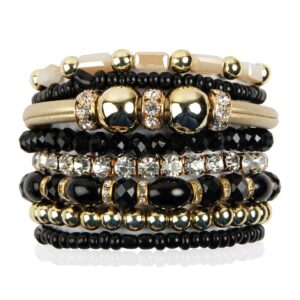 RIAH FASHION Bohemian Bead Multi Layer Versatile Statement Bracelets - Metallic, Sparkly Crystal, Stackable Stretch Leatherette Bangle Set (Multi-Line Mix - Black)