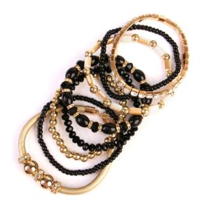 RIAH FASHION Bohemian Bead Multi Layer Versatile Statement Bracelets - Metallic, Sparkly Crystal, Stackable Stretch Leatherette Bangle Set (Multi-Line Mix - Black)