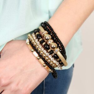 RIAH FASHION Bohemian Bead Multi Layer Versatile Statement Bracelets - Metallic, Sparkly Crystal, Stackable Stretch Leatherette Bangle Set (Multi-Line Mix - Black)