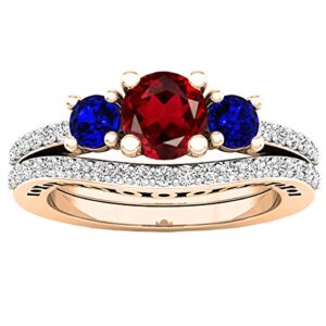 Dazzlingrock Collection 5.5 MM Round Garnet,Blue Sapphire & Diamond Wedding Ring Set in 18K Rose Gold, Size 7.5