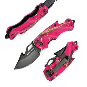 mossy oak mini folding pocket knife, stainless steel drop point blade - edc multi-tool with bottle opener and glass breaker (pink camo)