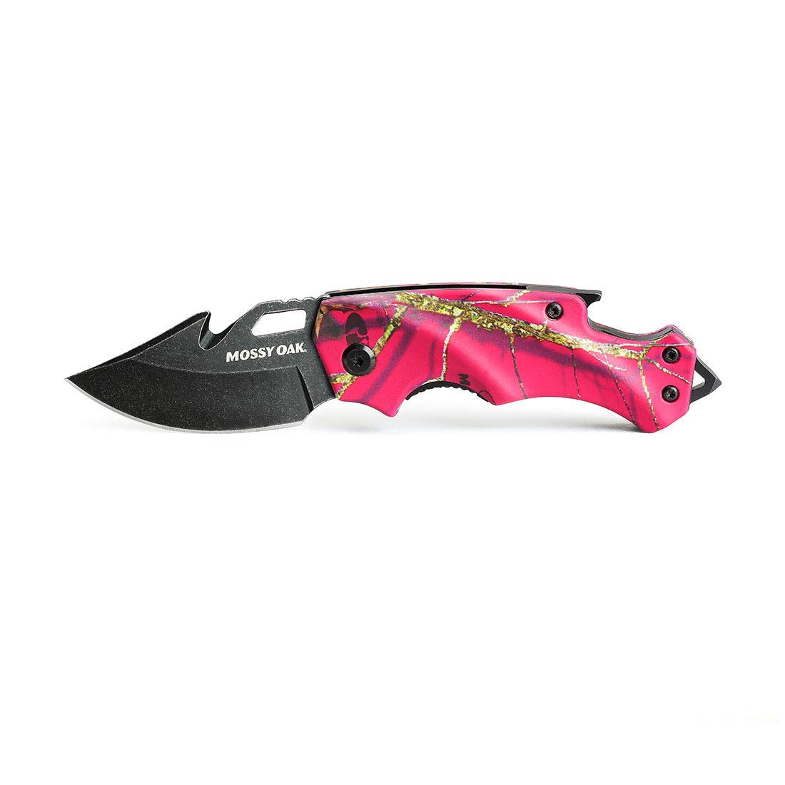 Mossy Oak Mini Folding Pocket Knife, Stainless Steel Drop Point Blade - EDC Multi-tool with Bottle Opener and Glass Breaker (Pink Camo)