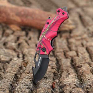 Mossy Oak Mini Folding Pocket Knife, Stainless Steel Drop Point Blade - EDC Multi-tool with Bottle Opener and Glass Breaker (Pink Camo)