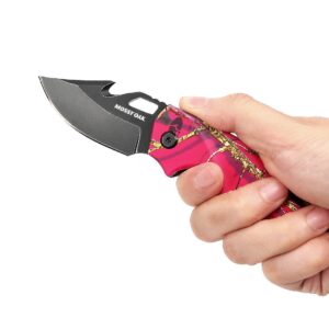 Mossy Oak Mini Folding Pocket Knife, Stainless Steel Drop Point Blade - EDC Multi-tool with Bottle Opener and Glass Breaker (Pink Camo)