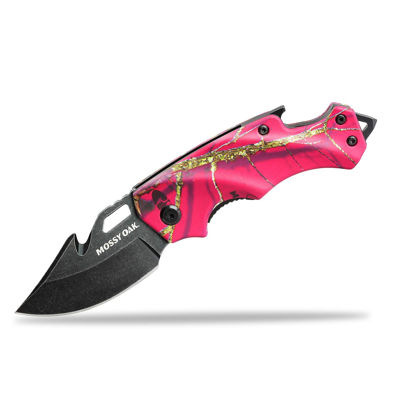 Mossy Oak Mini Folding Pocket Knife, Stainless Steel Drop Point Blade - EDC Multi-tool with Bottle Opener and Glass Breaker (Pink Camo)