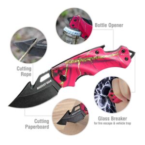 Mossy Oak Mini Folding Pocket Knife, Stainless Steel Drop Point Blade - EDC Multi-tool with Bottle Opener and Glass Breaker (Pink Camo)