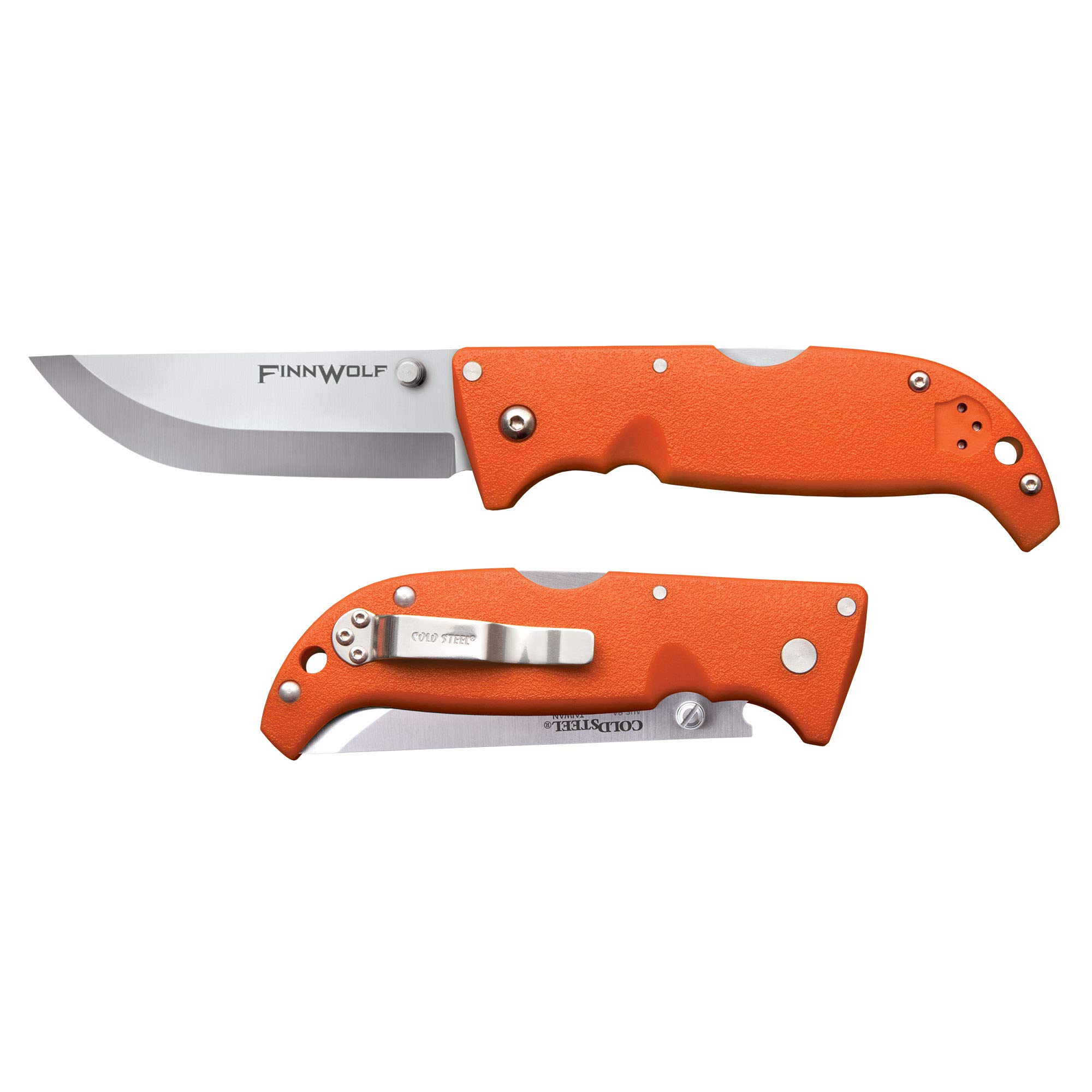 Cold Steel Finn Wolf 3.5in AUS8A Razor-Sharp Straight Back Blade 4.375in Griv-Ex Blaze Orange Handle Hunting Folding Knife, Boxed