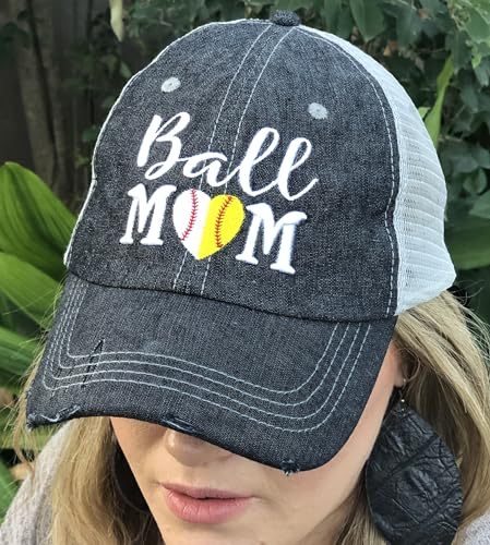 Cocomo Soul Womens Ball Mom Hat | Baseball Mom Softball Mom Hat | Baseball Softball Mom Cap | Half Baseball Half Softball Hat 402 Dark Grey