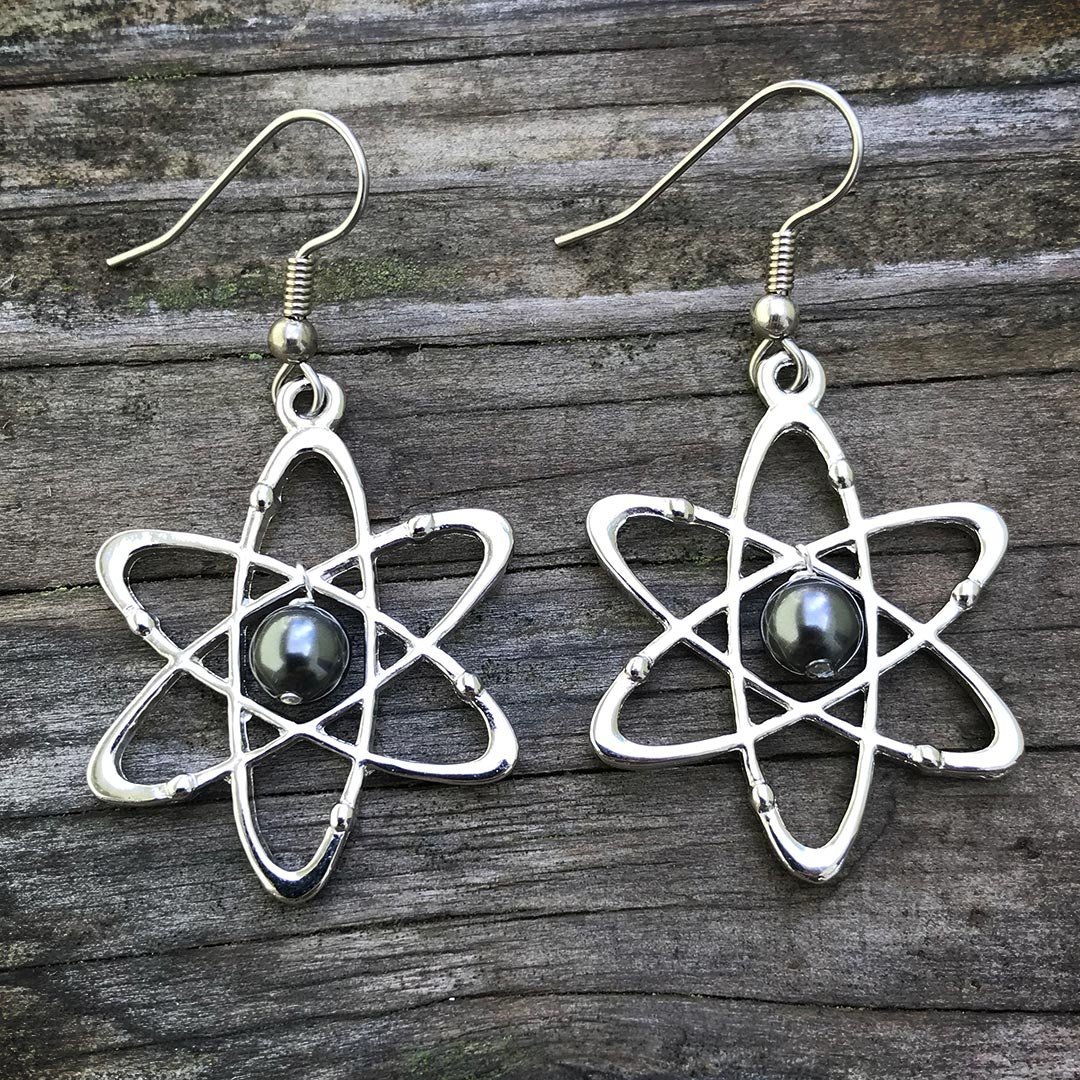 Atomic Science Earrings: Carbon Atoms With Six Electrons & Swarovski Pearl Nucleus - Science Jewelry Gift