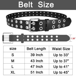 macoking Womens Belts for Jeans, Studded Double Grommets Leather Black Belt Women Men-M