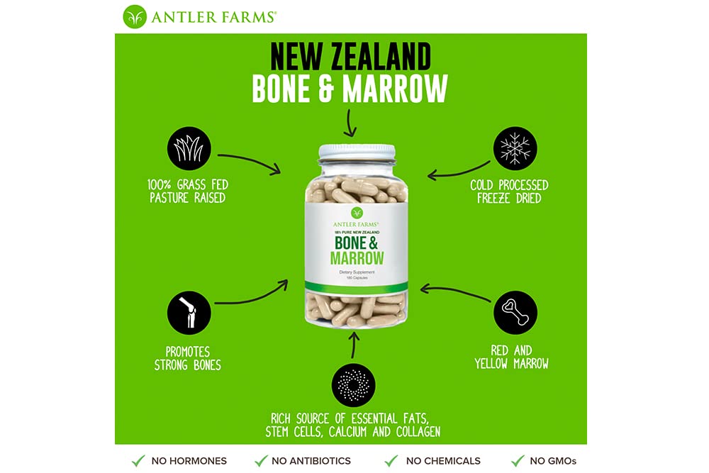 Antler Farms - 100% Pure New Zealand Bone & Marrow, 180 Capsules, 750mg - Grass Fed, Pasture Raised Whole Bone Extract, Cold Processed, Healthy Essential Fats, Stem Cells, Collagen, Calcium