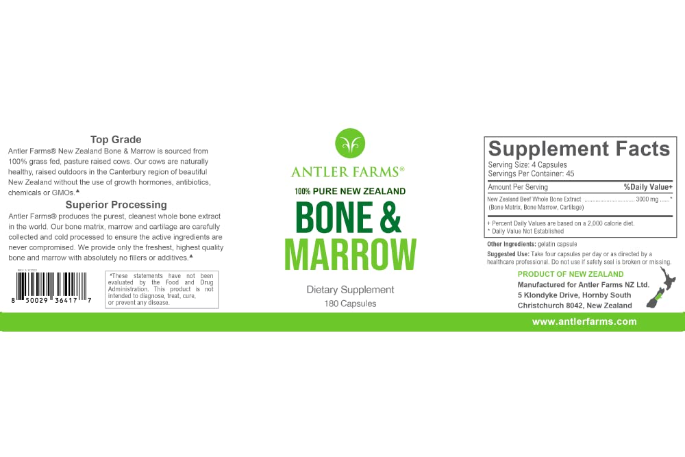 Antler Farms - 100% Pure New Zealand Bone & Marrow, 180 Capsules, 750mg - Grass Fed, Pasture Raised Whole Bone Extract, Cold Processed, Healthy Essential Fats, Stem Cells, Collagen, Calcium