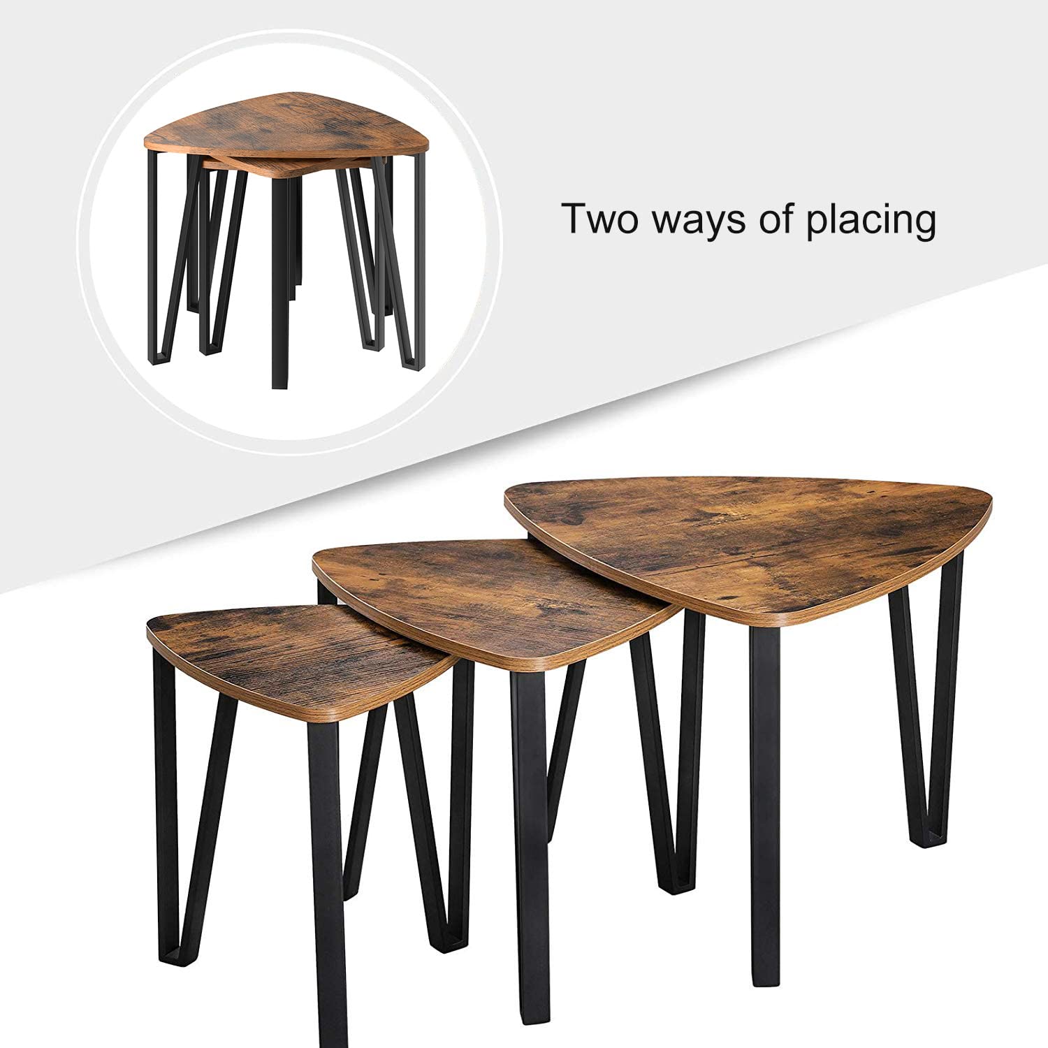 VASAGLE Nesting Coffee Tables, End Tables Set of 3 for Living Room Bedroom, Industrial Small Stacking Side Tables with Metal Frame for Couch, Rustic Brown and Black ULNT13X, 23.1 x 23.1 x 17.7 Inches