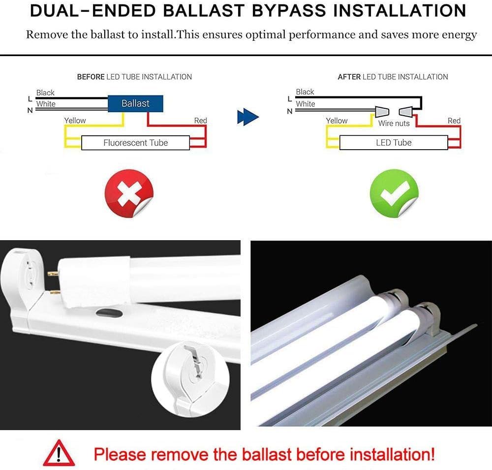 Romwish 2FT LED Tube Light, T8 T10 T12 Type B LED Light Bulb, 10W(24W Equiv.), 5000K Daylight, 1120LM, 24 Inch F20T12 Fluorescent Replacement, Remove Ballast, Double-Ended Power, Clear Cover, 4 Pack