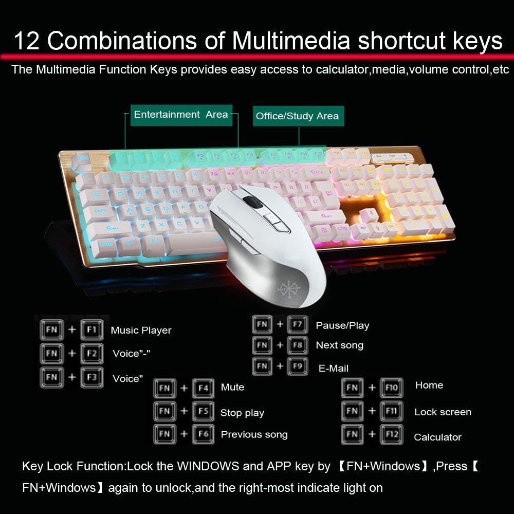 Rechargeable Keyboard and Mouse,Suspended Keycap Mechanical Feel Backlit Gaming Keyboard Mouse Set-Wireless 2.4G Drive Free,Adjustable Breathing Lamp,Anti-ghosting,12 Multimedia Keys (White-Combo)