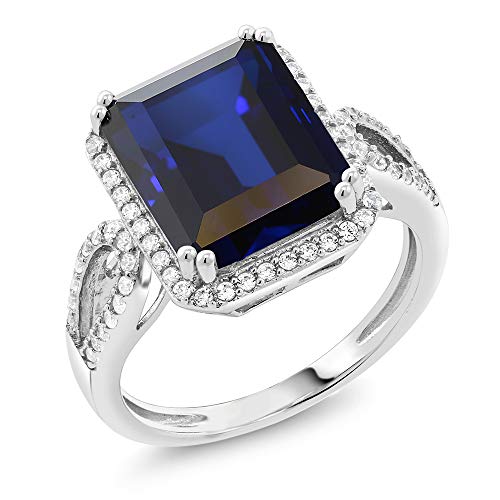 Gem Stone King 5.00 Cttw Blue Simulated Sapphire Ring For Women In 925 Sterling Silver | 12X10MM Emerald Cut | Available In Size 5, 6, 7, 8, 9