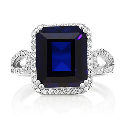 Gem Stone King 5.00 Cttw Blue Simulated Sapphire Ring For Women In 925 Sterling Silver | 12X10MM Emerald Cut | Available In Size 5, 6, 7, 8, 9