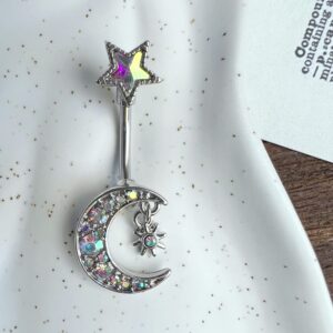 Pierce2GO Crystal Moon Belly Button Ring - 14G Surgical Steel Belly Button Ring Moon Pendant with Hanging Star - Belly Button Rings Piercing for Women – 7/16” (Silver)