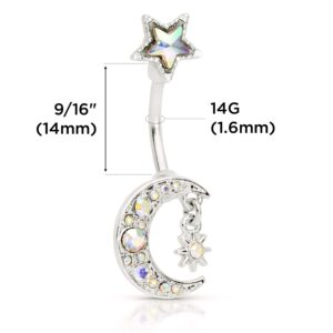 Pierce2GO Crystal Moon Belly Button Ring - 14G Surgical Steel Belly Button Ring Moon Pendant with Hanging Star - Belly Button Rings Piercing for Women – 7/16” (Silver)