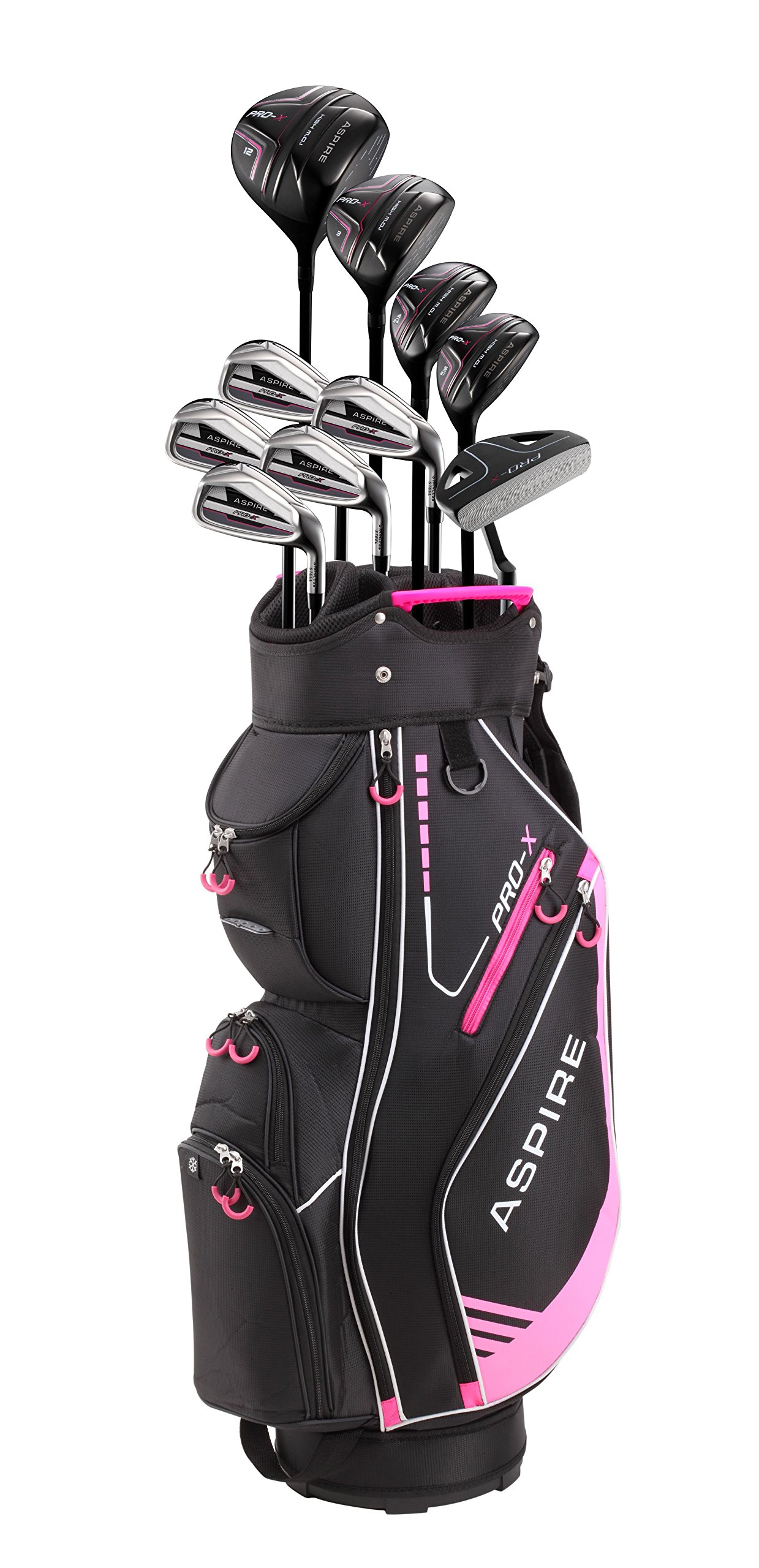 Aspire PRO-X Ladies Womens Complete Right Handed Golf Clubs Set Includes Titanium F Driver, 3 Fairway Wood, 4-5 Hybrids, 7-SW Irons, Putter, Cart Bag, 4 H/C's (Petite Size -1", Right Hand)