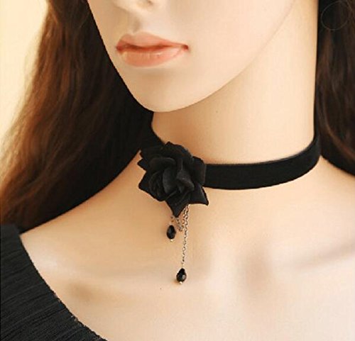 Elegant Retro Rose Flower Collarbone Chain Clavicle Necklace Gothic Lolita Black Lace Collar Choker Ornament Wedding Halloween Accessories (Black)