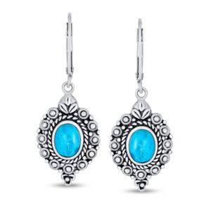 Western Style Oval Filigree Gemstone Blue Turquoise Lever Back Dangle Drop Earrings For Women Oxidized .925 Sterling Silver