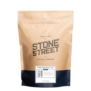 stone street half caff ground coffee, 50% swiss water process decaf coffee and 50% regular caffeine blend, medium roast, 1 lb