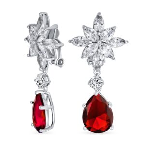 Bridal Art Deco Style Cluster Floral AAA CZ Red Statement Dangle Teardrop Chandelier Clip On Earrings For Women Simulated Ruby Silver Plated