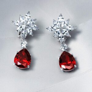 Bridal Art Deco Style Cluster Floral AAA CZ Red Statement Dangle Teardrop Chandelier Clip On Earrings For Women Simulated Ruby Silver Plated